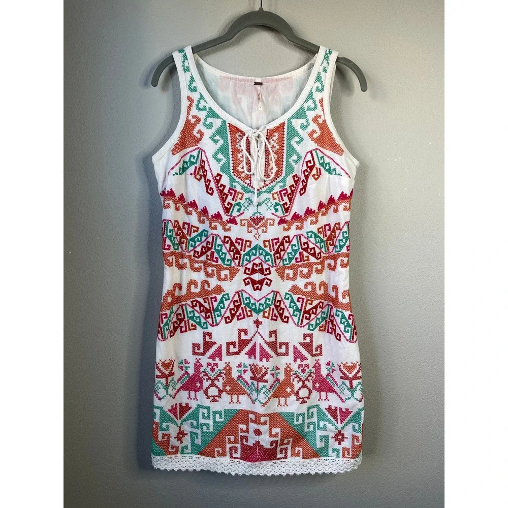 Free People Mini Dress White Embroidered Linen Blend Lace Up Sleeveless 8